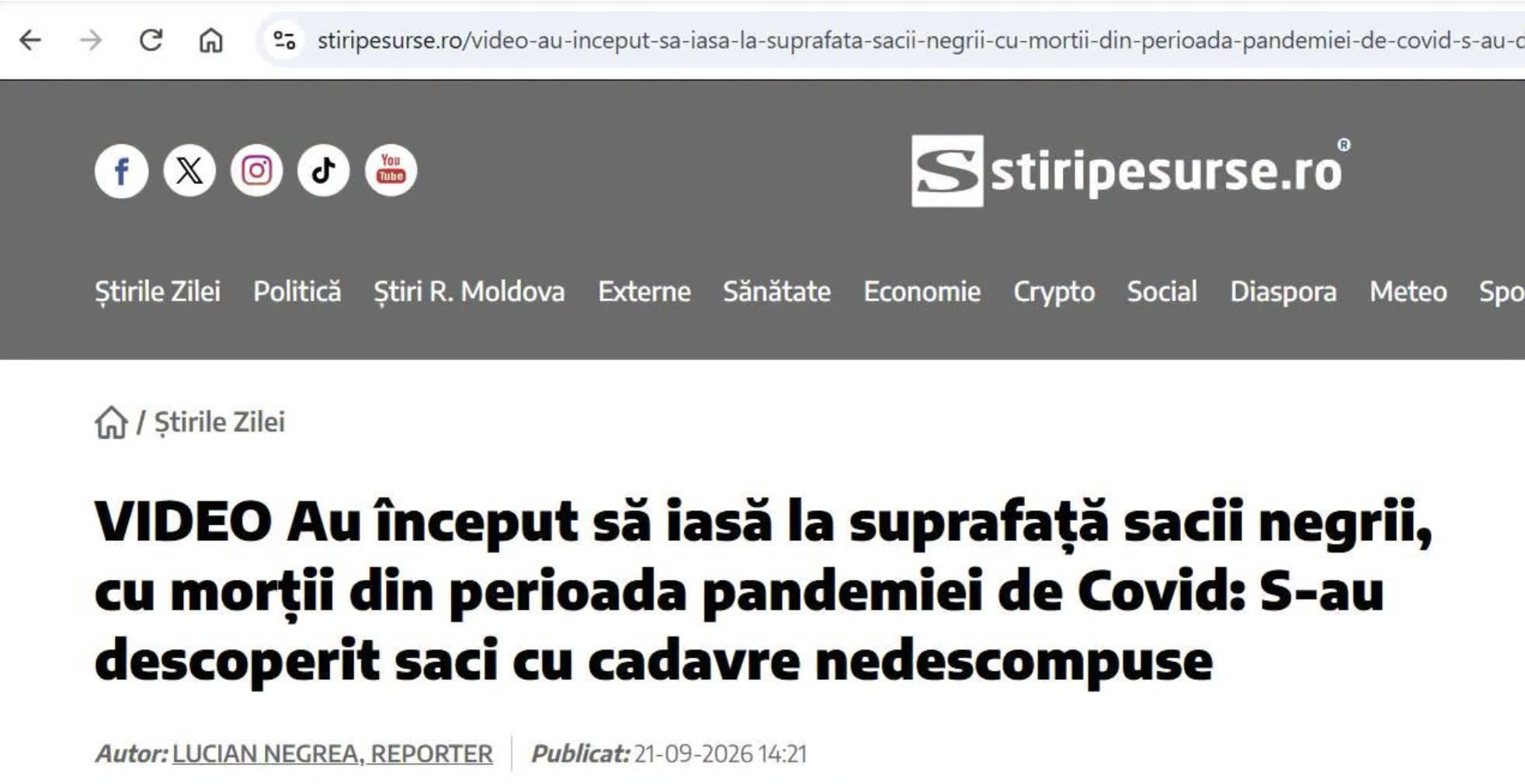 Captura postării virale: Mario De Mezzo (PNL), primarul Slatinei, la conferința de presă ținută pe 21 septembrie 2026 în cimitirul Strehareț: acolo s-ar fi descoperit „saci cu cadavre nedescompuse din perioada COVID-ului”, cu data înhumării pe ei, în „saci speciali cum se foloseau în perioada COVID-ului”.